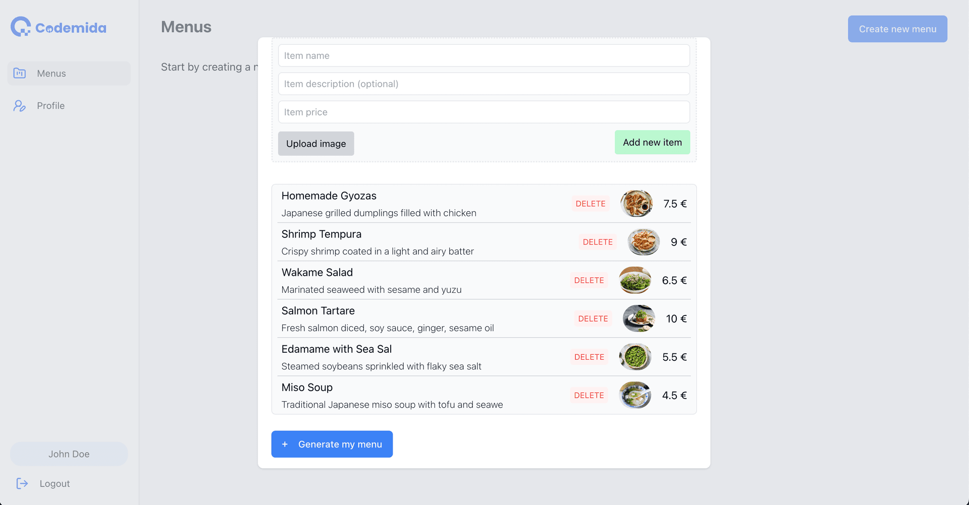 Create a digital menu for my restaurant - step 1